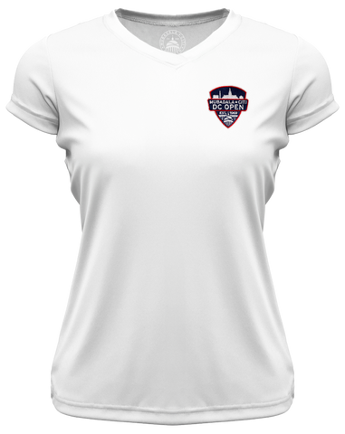 Womens Badge Logo Athletic V-Neck Tee - White